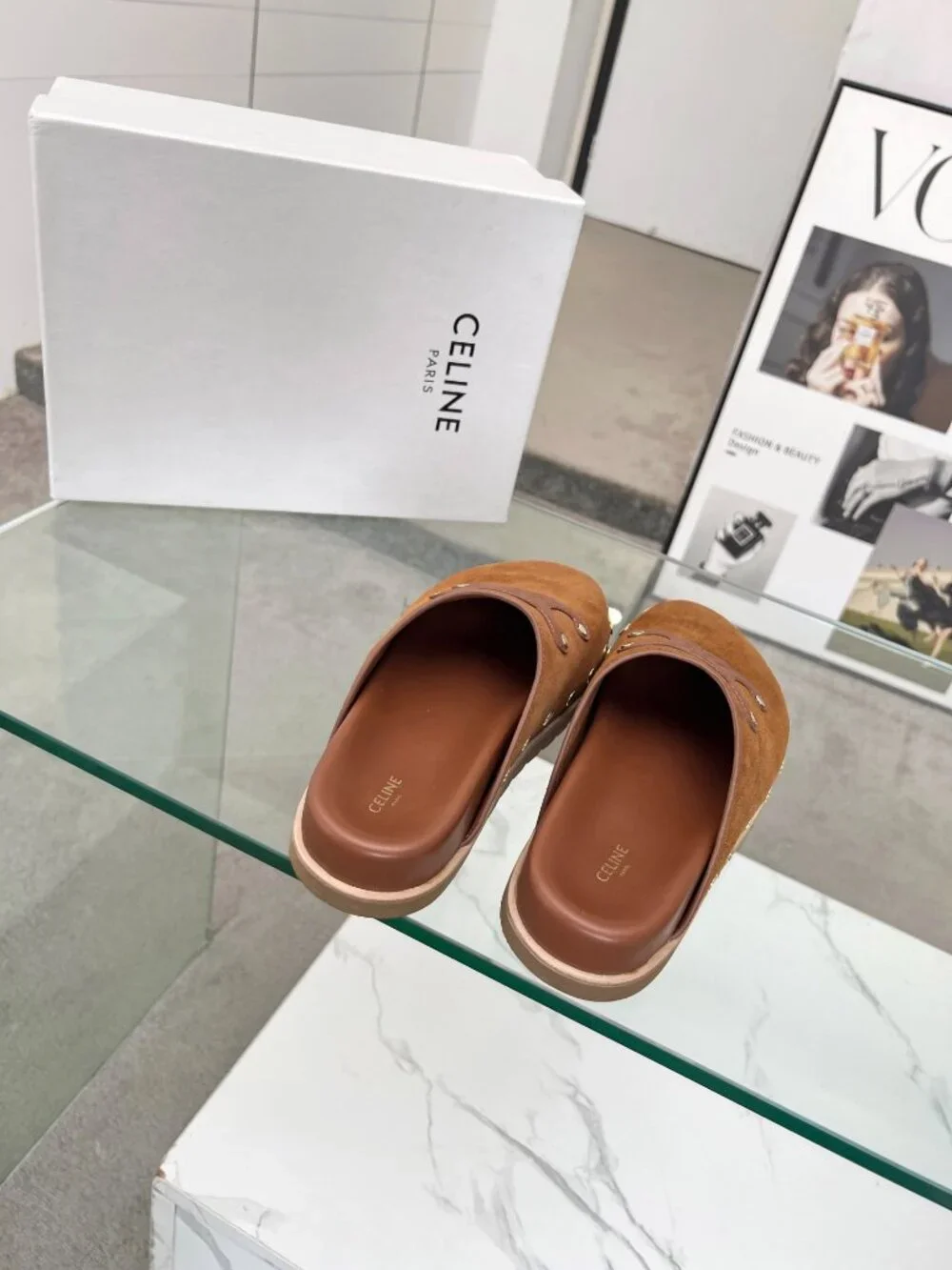 CELINE Calfskin Leather Triomphe Embossed Mules Slides Slippers - Picture 5 of 8
